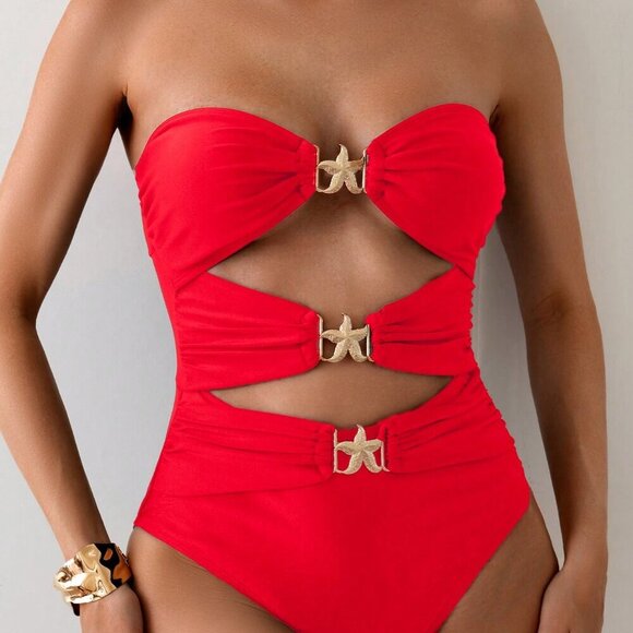 Red Elegant Women's Hollow Metal Decor One-Piece Swimsuit - Picture 4 of 5